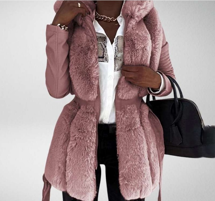 Women’s hooded zipper jacket with fur belt in Pink