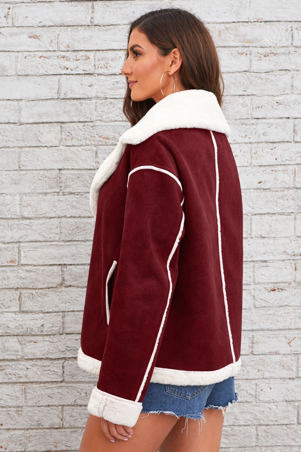 Women’s Winter Plush Polo Collar Jacket – Warm Casual Zip-Up Outerwear- Side