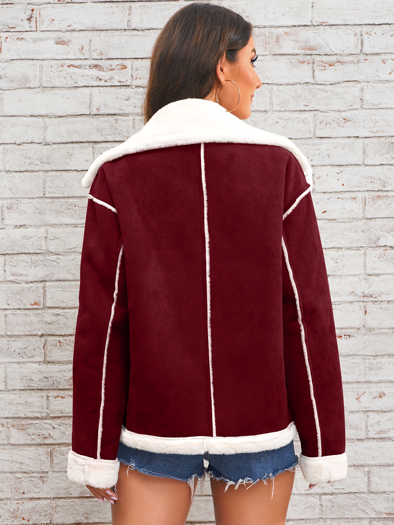 Women’s Winter Plush Polo Collar Jacket – Warm Casual Zip-Up Outerwear- Back